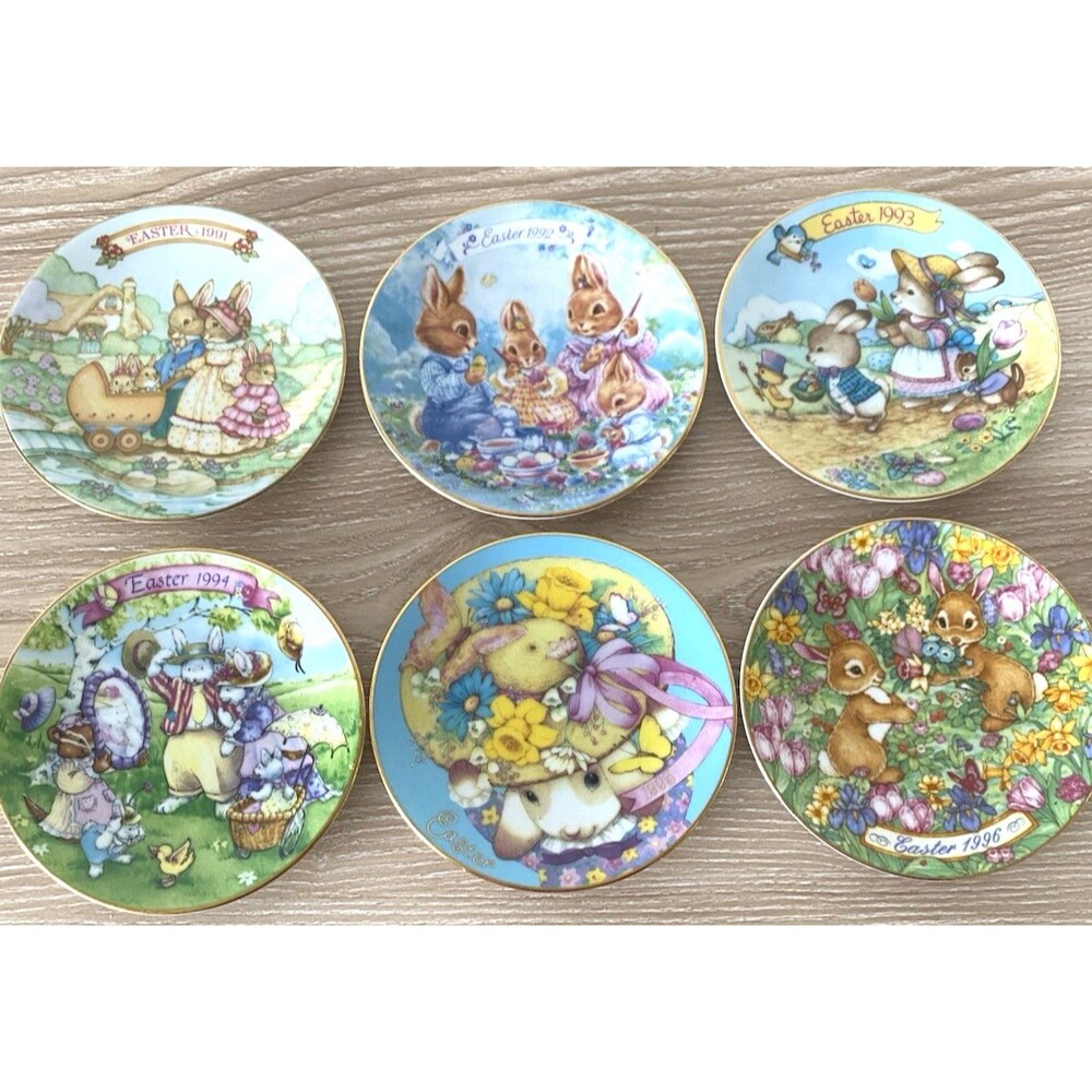 Set of 6 Avon Vintage Easter 5” Porcelain Plates 1991 to 1996 22K Gold Trim